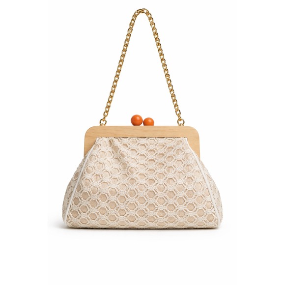 Moda Luxe Handbags - Woven Lace Wood Frame Clutch Crossbody Bag Cream Gold Chain Strap Beachy Boho‎